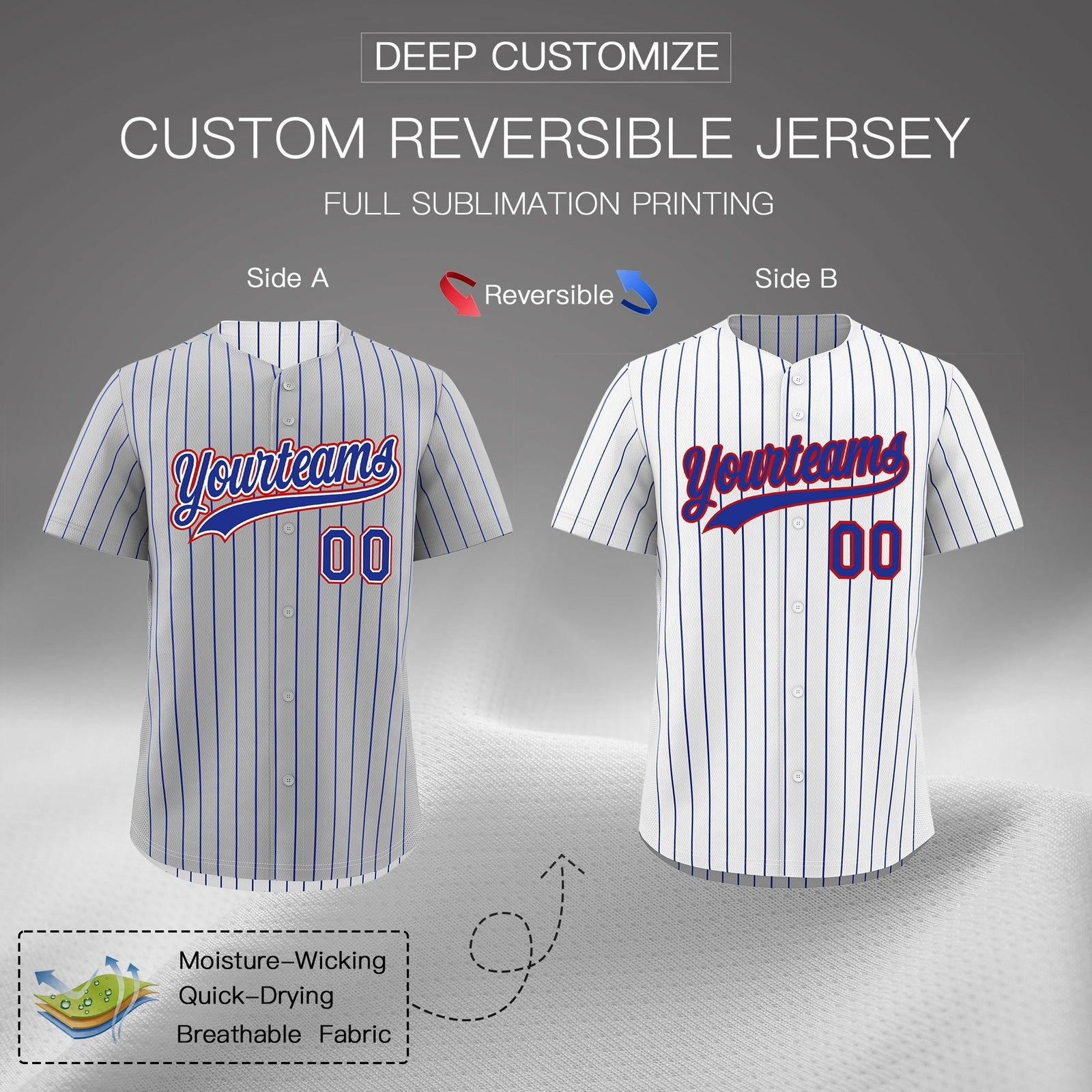 Custom Royal Blue White Red Reversible Stripe Fashion Baseball Jersey| KXKSHOP