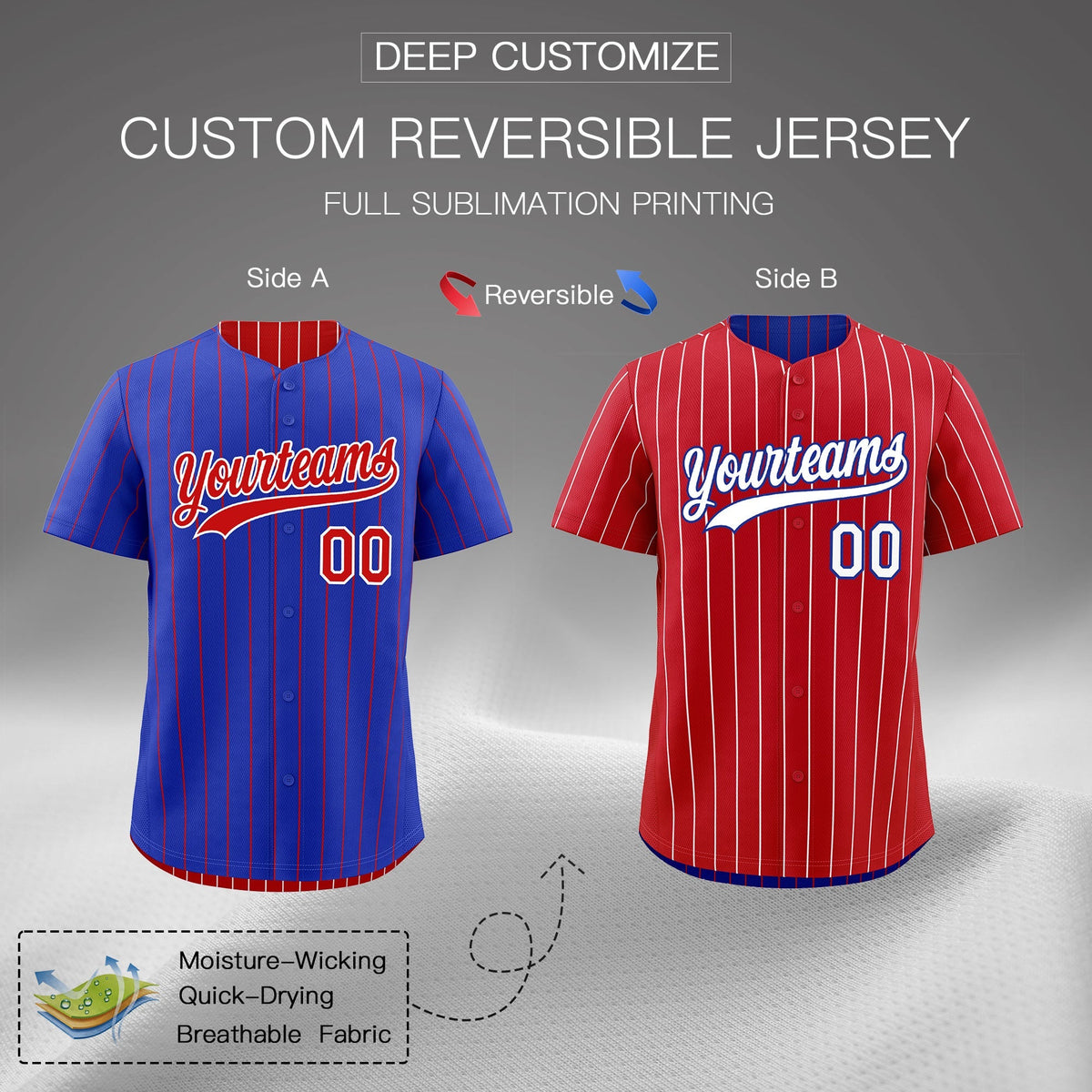 Custom Red White Royal Blue Reversible Stripe Fashion Baseball Jersey| KXKSHOP