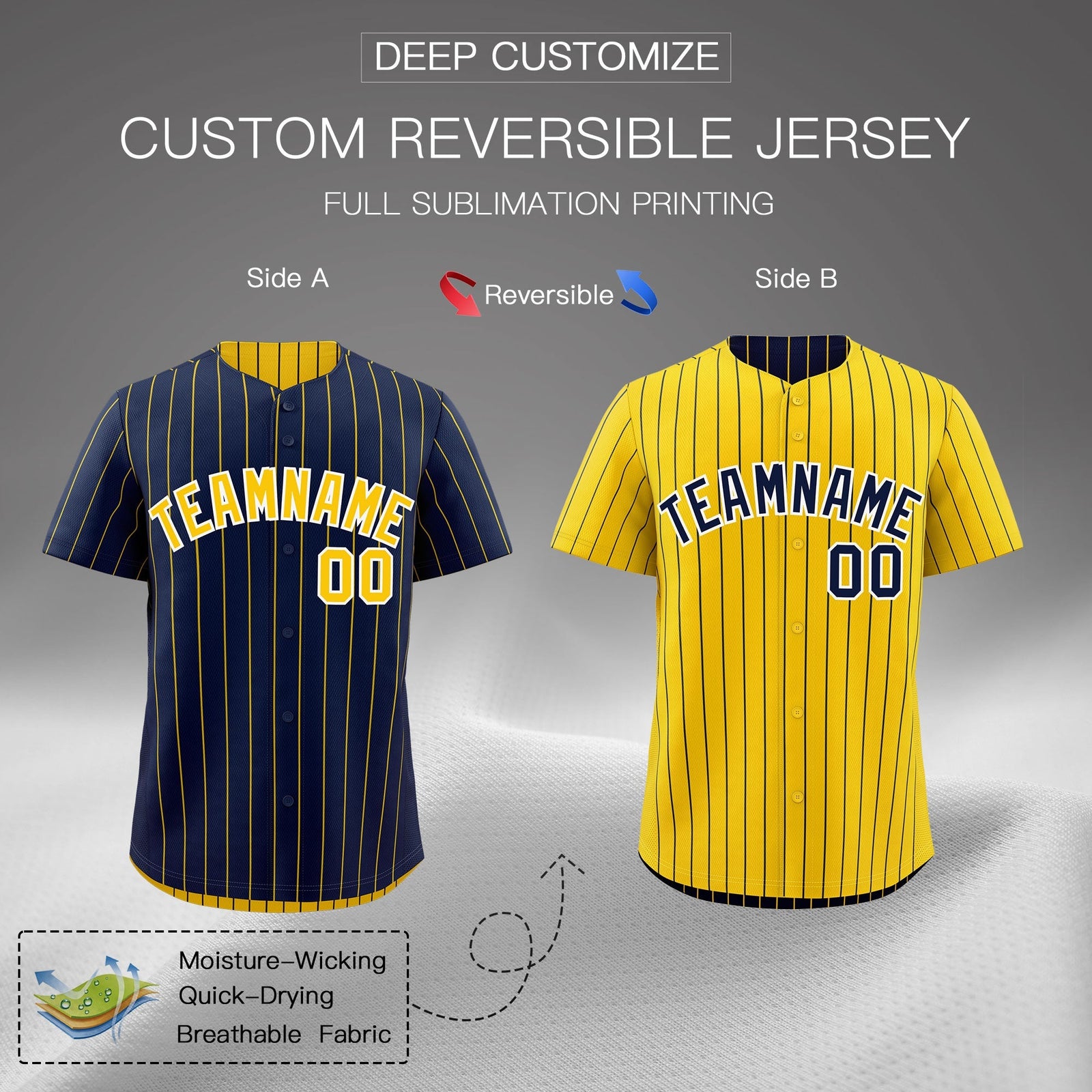 Custom Gold White Navy Reversible Stripe Fashion Baseball Jersey| KXKSHOP