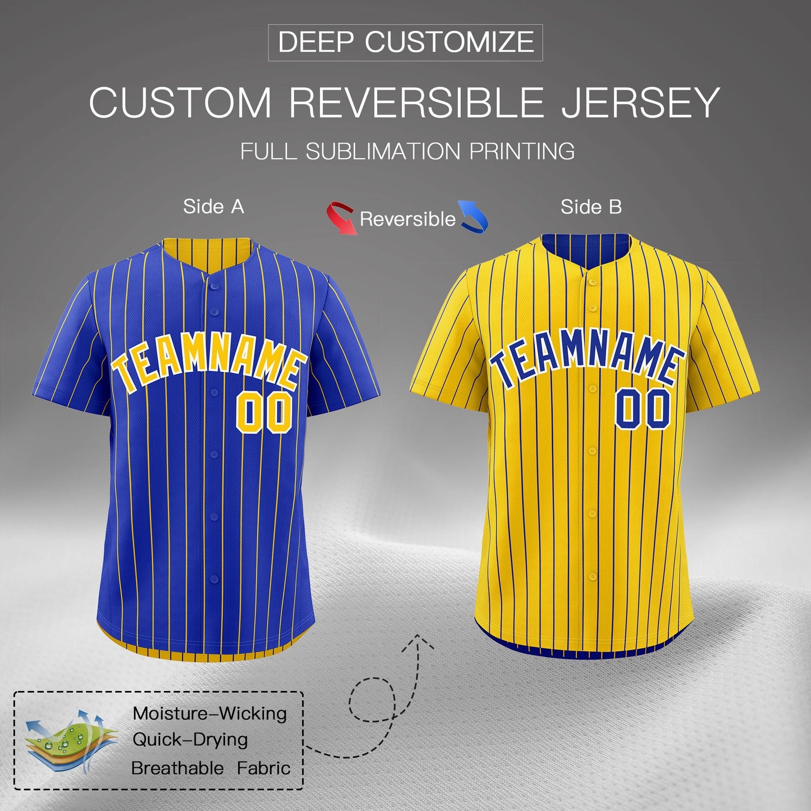 Custom Gold White Royal Blue Reversible Stripe Fashion Baseball Jersey| KXKSHOP