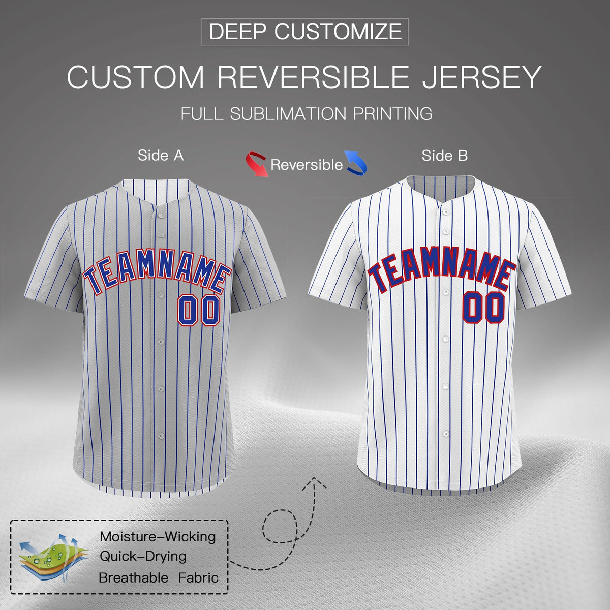 Custom Royal Blue White Red Reversible Stripe Fashion Baseball Jersey| KXKSHOP