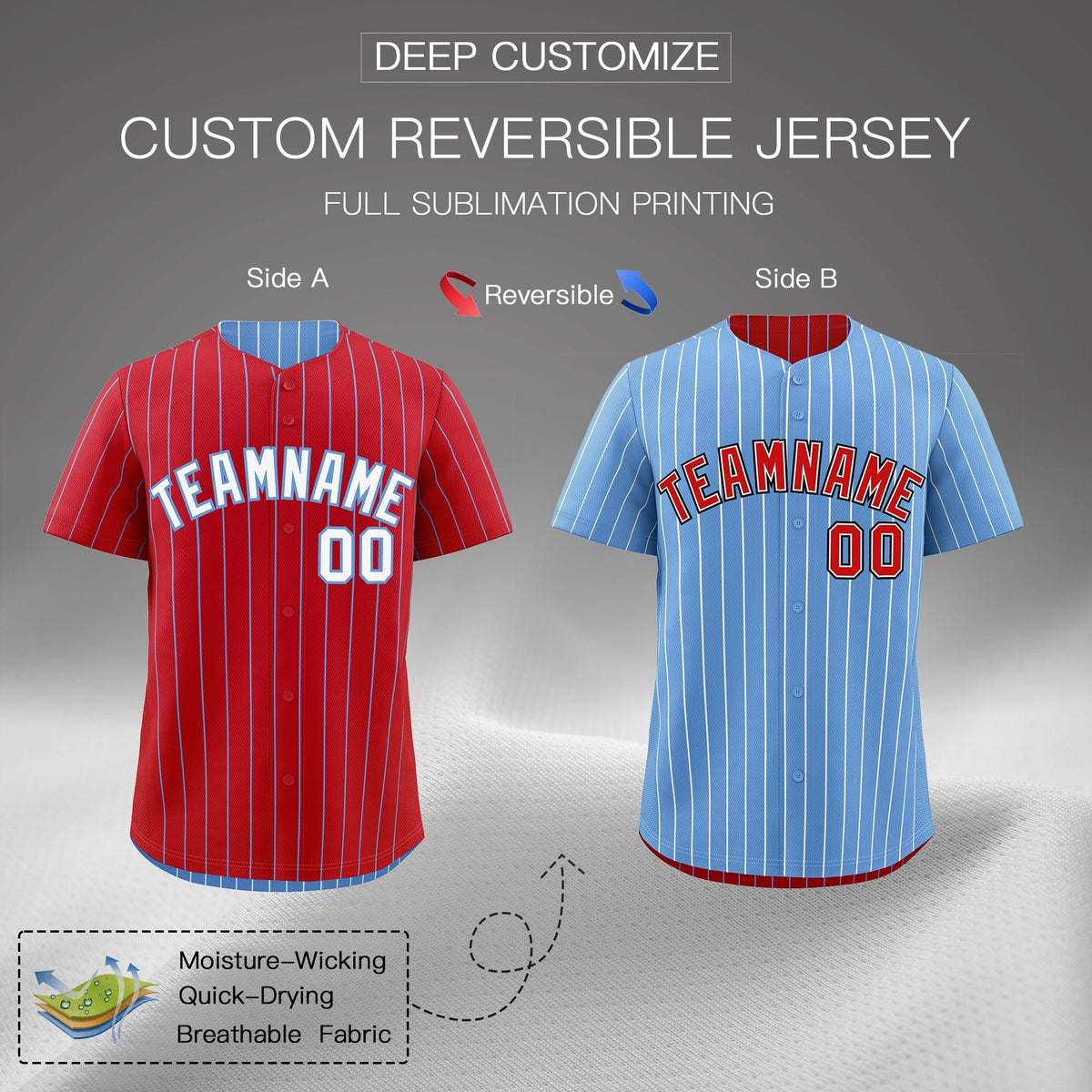 Custom White Light Blue Red Reversible Stripe Fashion Baseball Jersey| KXKSHOP