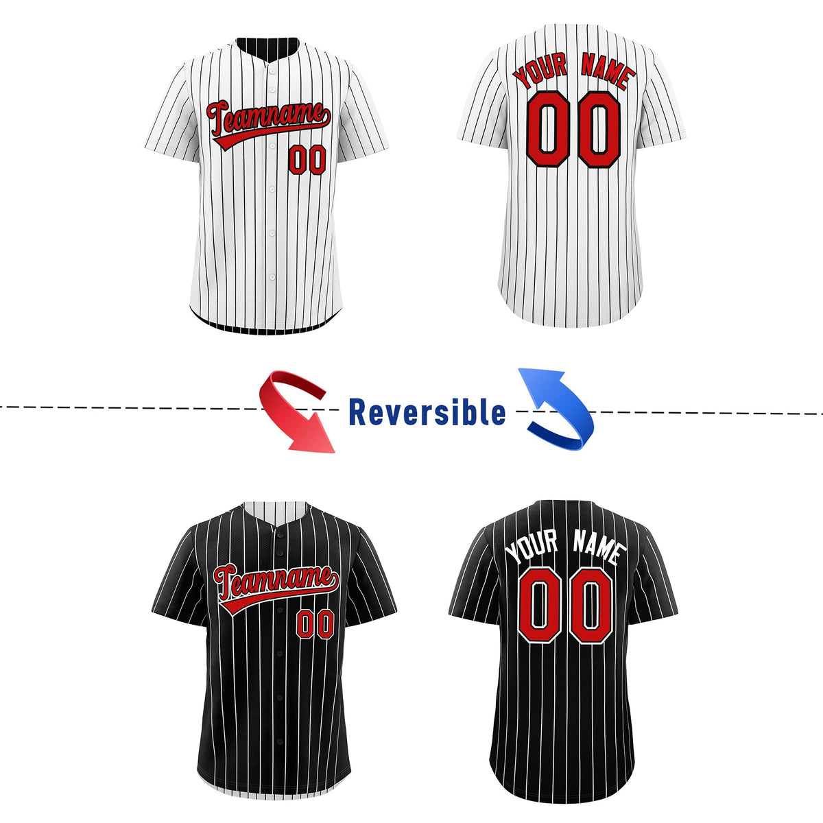 Custom Red Black White Reversible Stripe Fashion Baseball Jersey| KXKSHOP