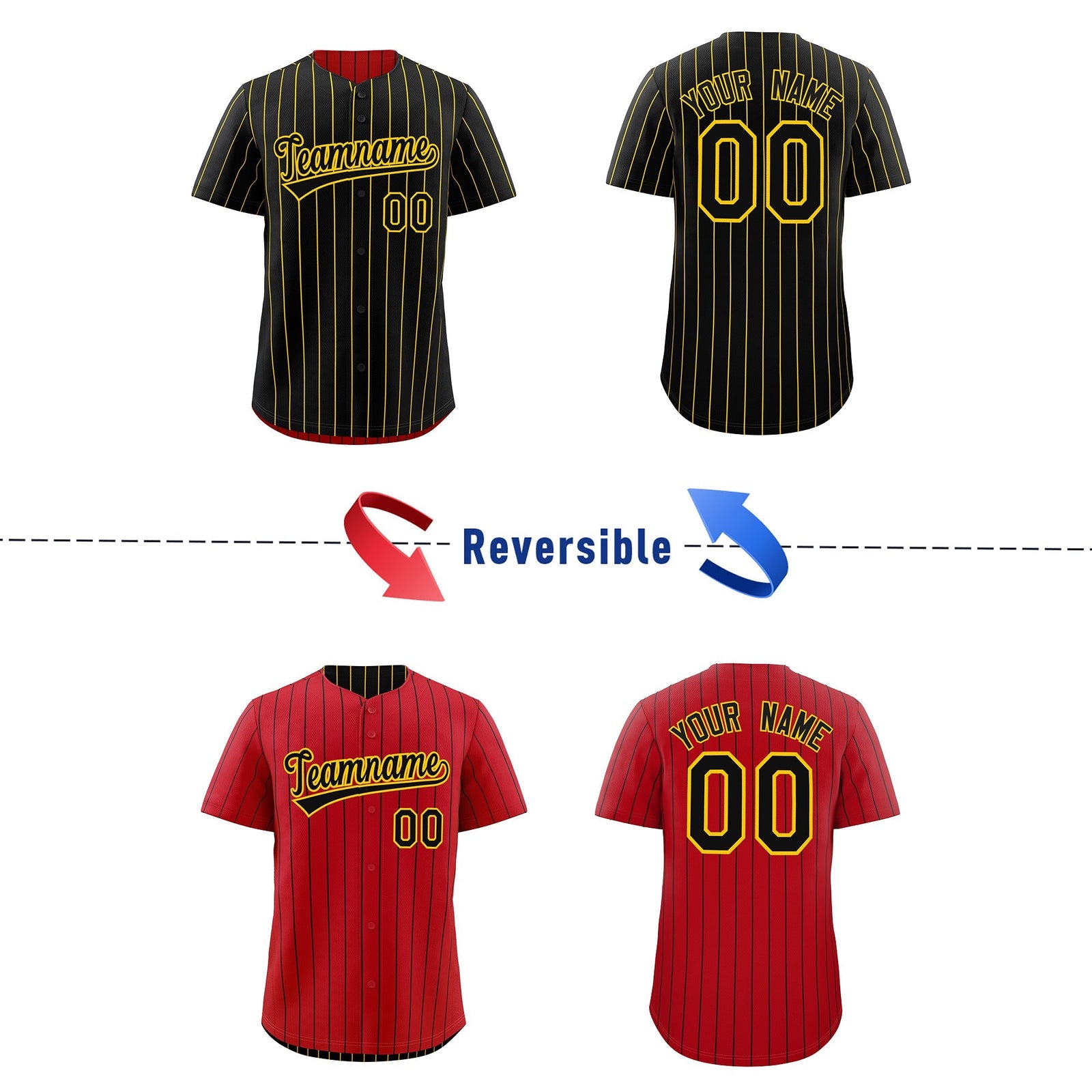 Custom Black Gold Reversible Stripe Fashion Baseball Jersey| KXKSHOP
