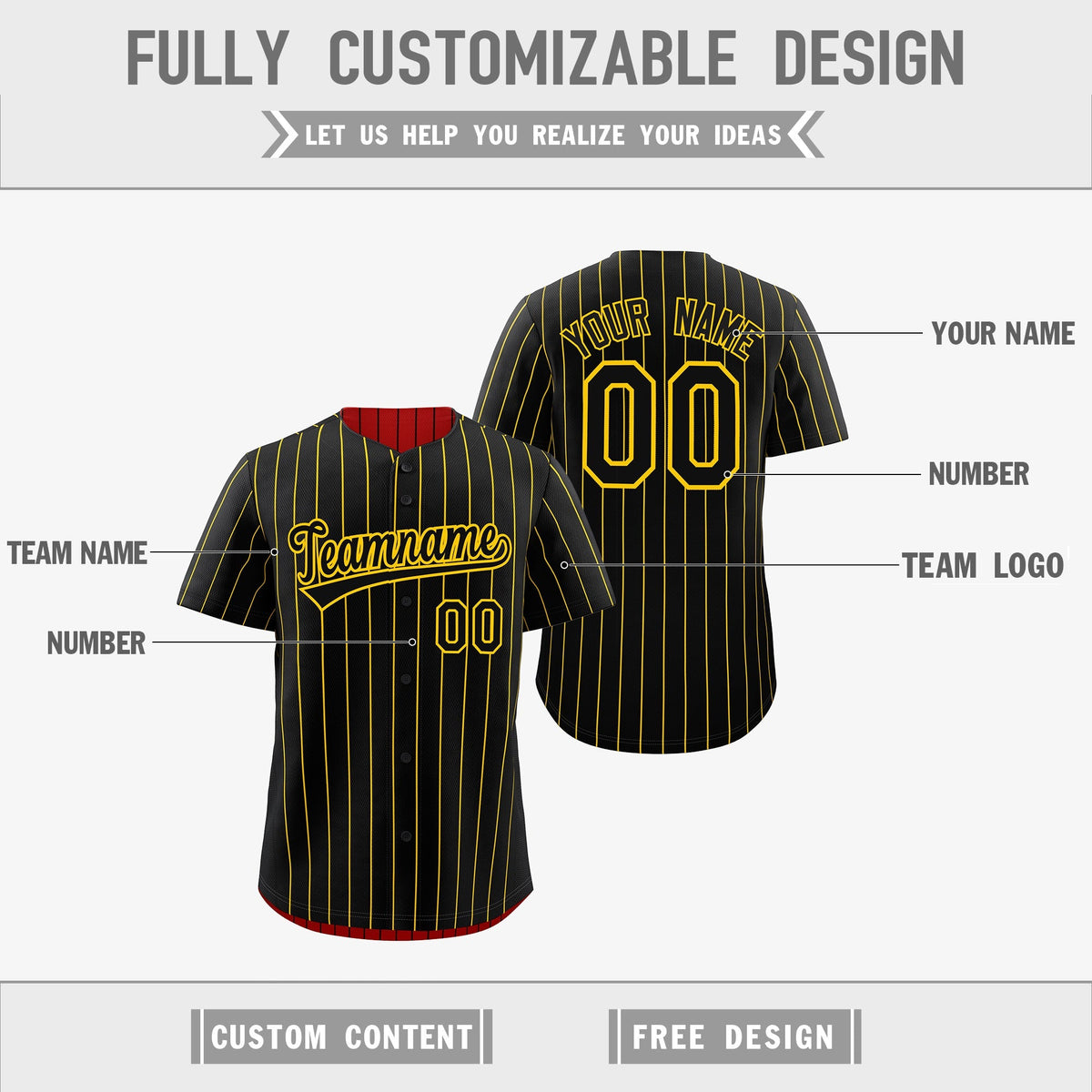 Custom Black Gold Reversible Stripe Fashion Baseball Jersey| KXKSHOP