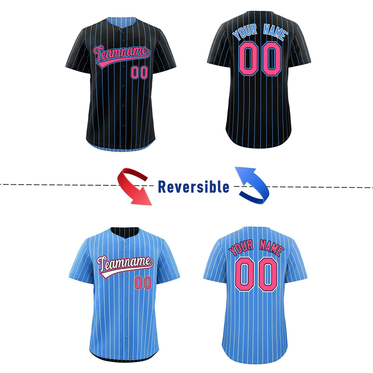 Custom Pink Black Powder Blue Reversible Stripe Fashion Baseball Jersey| KXKSHOP