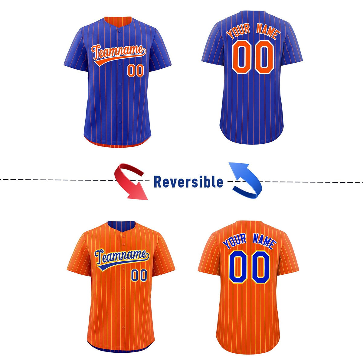 Custom Orange White Royal Blue Reversible Stripe Fashion Baseball Jersey| KXKSHOP