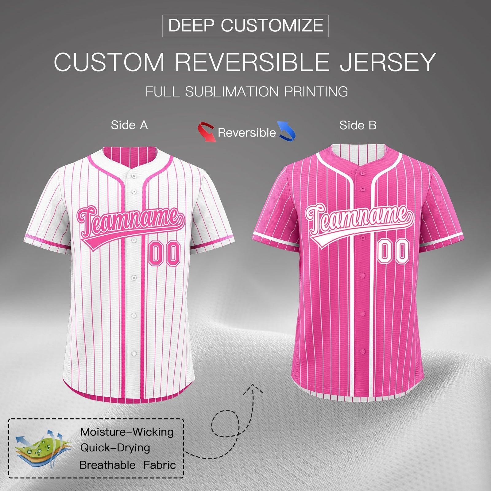 Custom Pink White Reversible Stripe Fashion Baseball Jersey| KXKSHOP