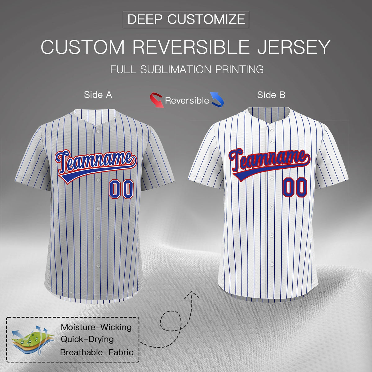 Custom Royal Blue White Red Reversible Stripe Fashion Baseball Jersey| KXKSHOP