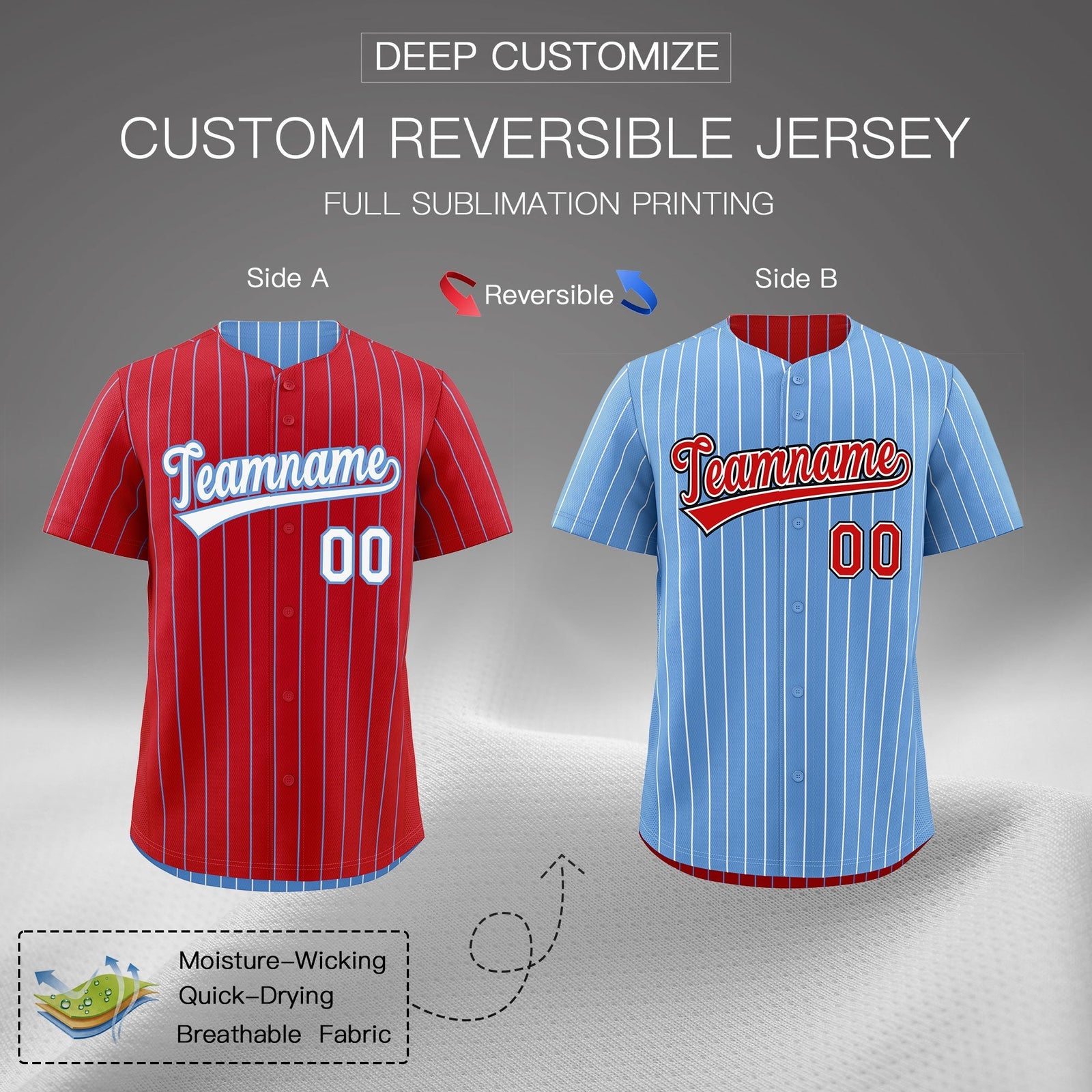 Custom White Light Blue Red Reversible Stripe Fashion Baseball Jersey| KXKSHOP