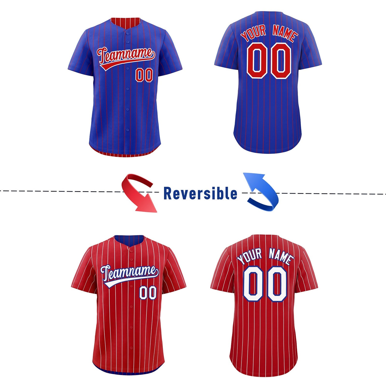 Custom Red White Royal Blue Reversible Stripe Fashion Baseball Jersey| KXKSHOP