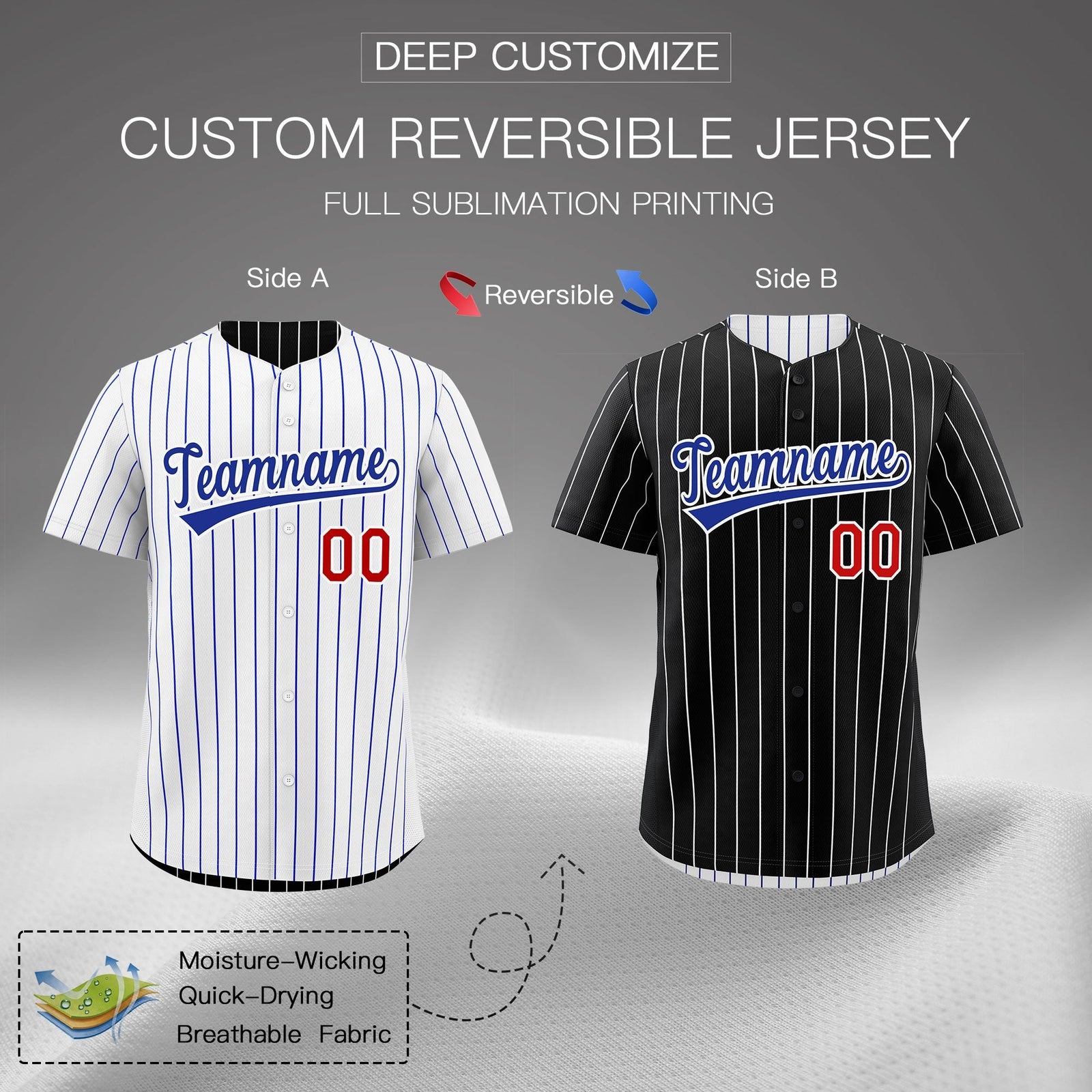 Custom Royal Blue White Reversible Stripe Fashion Baseball Jersey| KXKSHOP