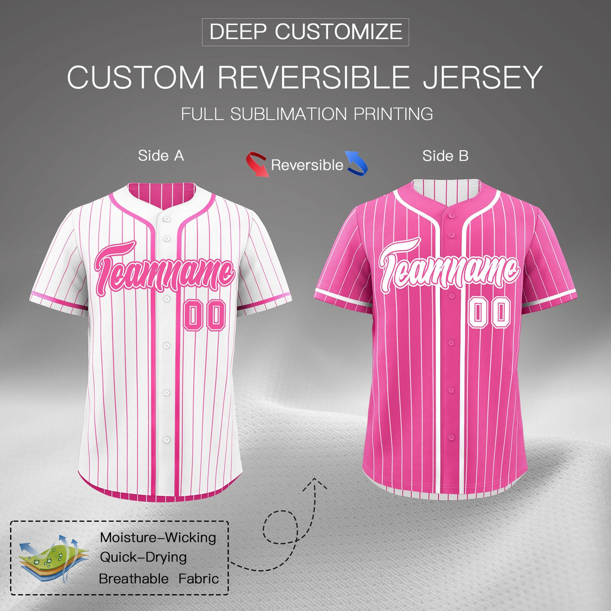 Custom Pink White Reversible Stripe Fashion Baseball Jersey| KXKSHOP