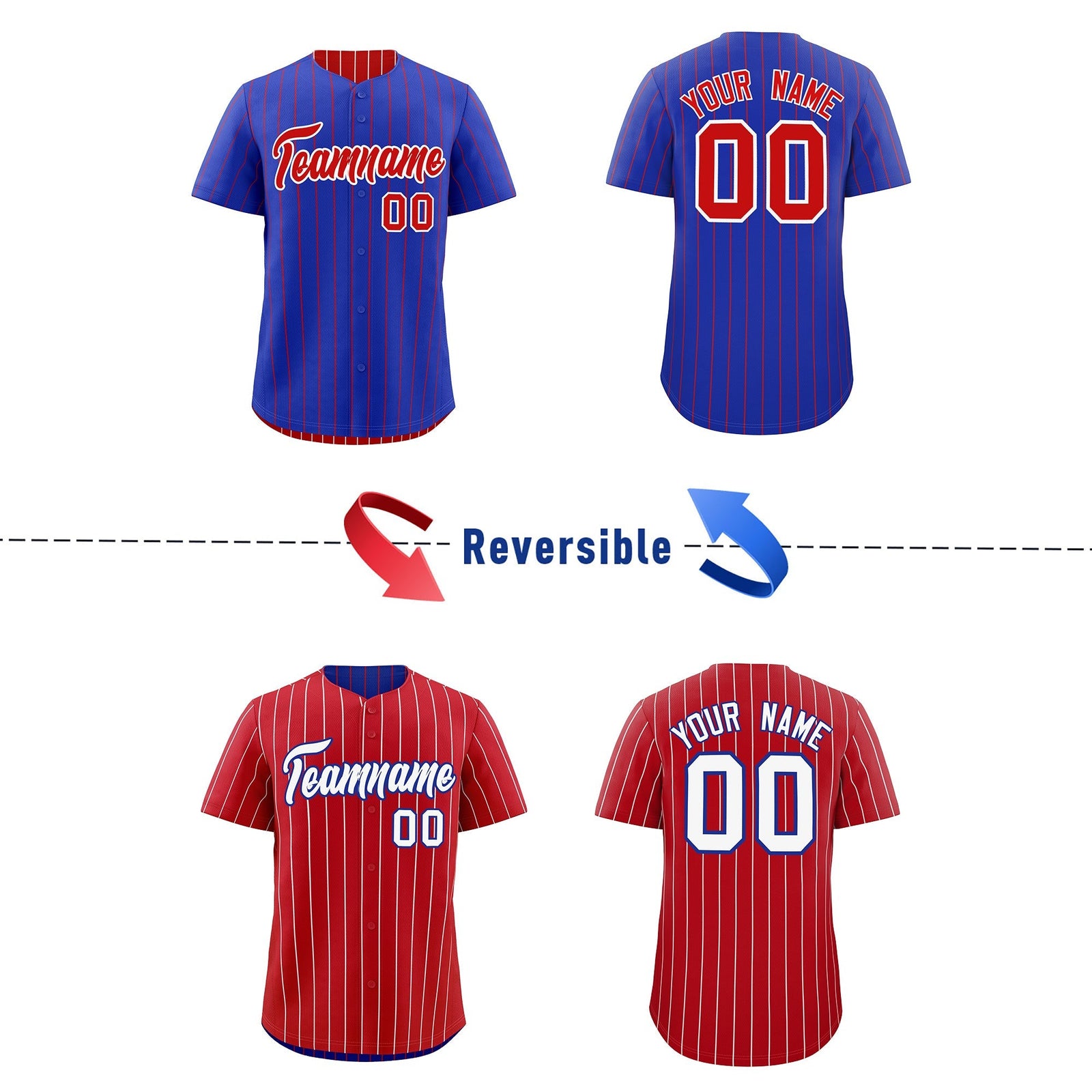 Custom Red White Royal Blue Reversible Stripe Fashion Baseball Jersey| KXKSHOP