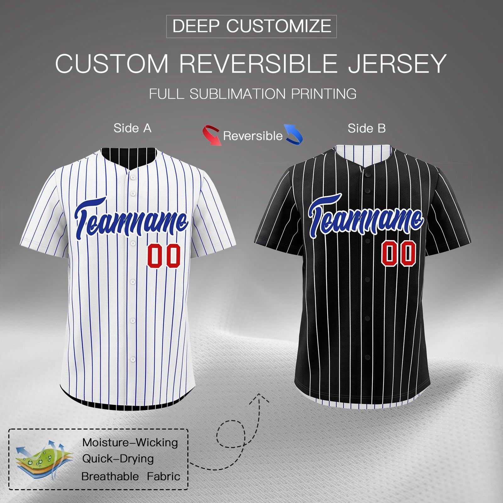 Custom Royal Blue White Reversible Stripe Fashion Baseball Jersey| KXKSHOP