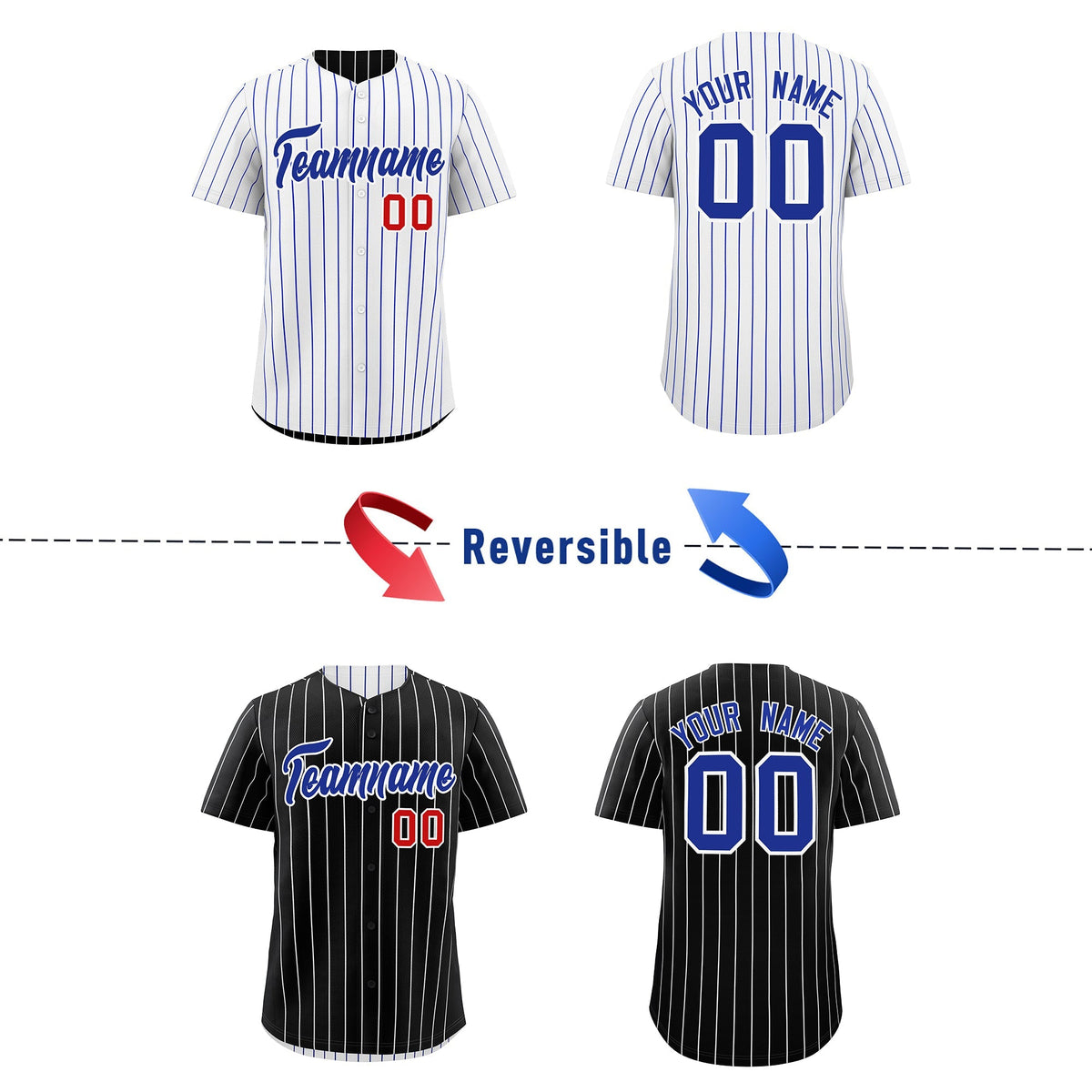 Custom Royal Blue White Reversible Stripe Fashion Baseball Jersey| KXKSHOP