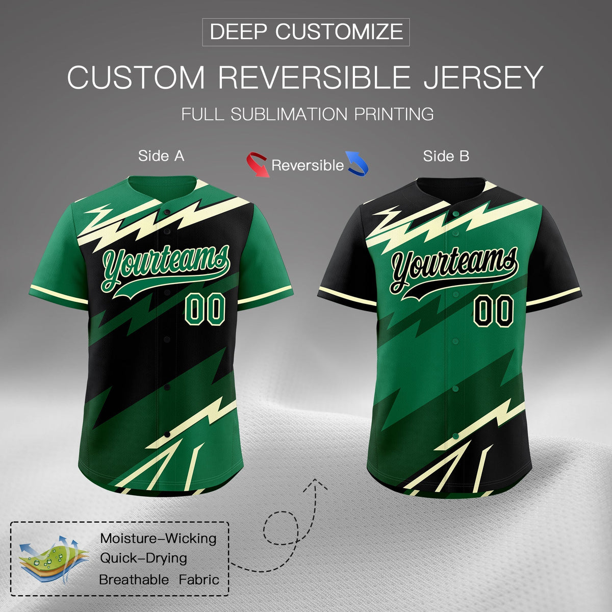 Custom Black Kelly Green Cream short sleeves Reversible Lightning Pattern Graffiti Graffiti Pattern Breathable Baseball Jersey| KXKSHOP