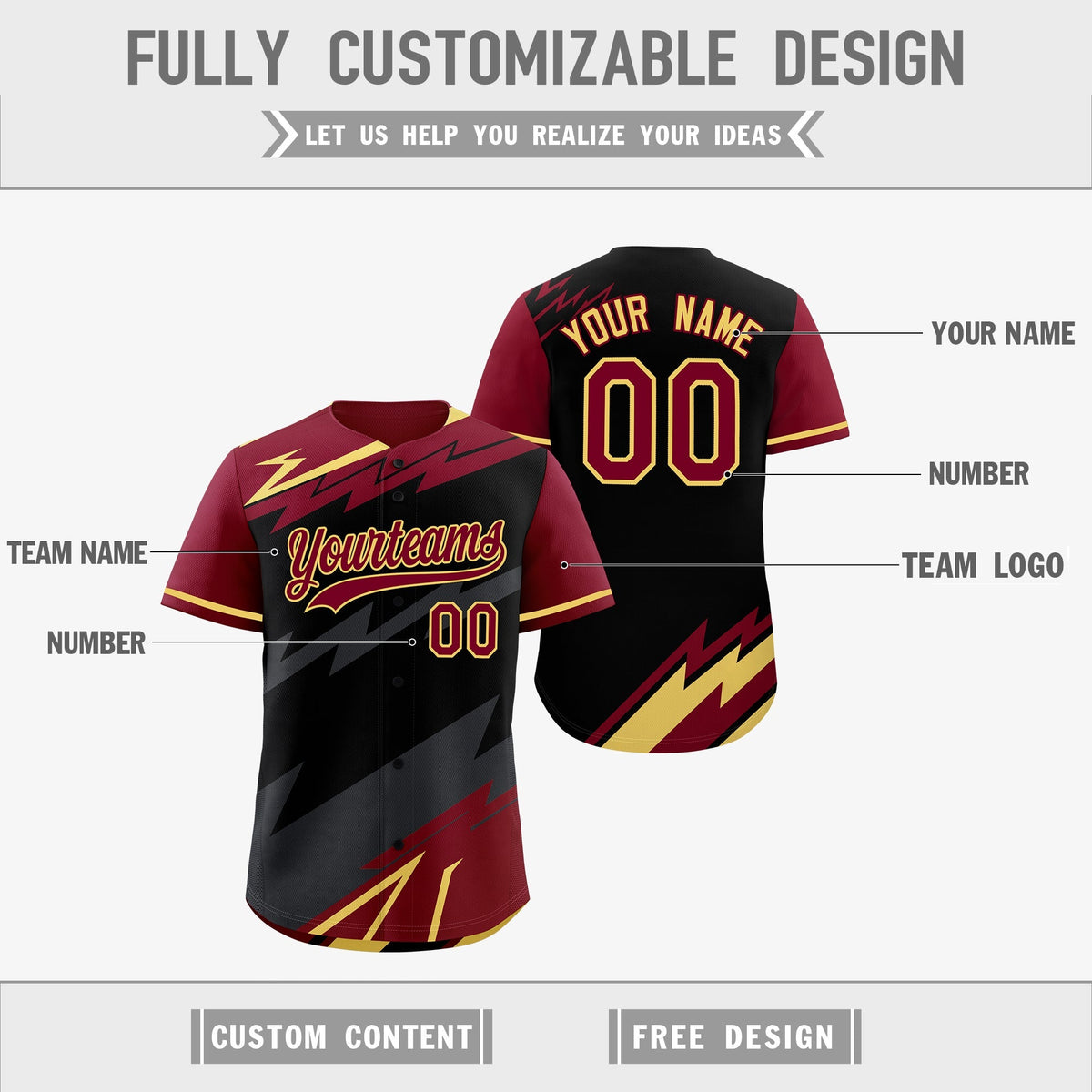 Custom Black Gray Crimson short sleeves Reversible Lightning Pattern Graffiti Graffiti Pattern Breathable Baseball Jersey| KXKSHOP