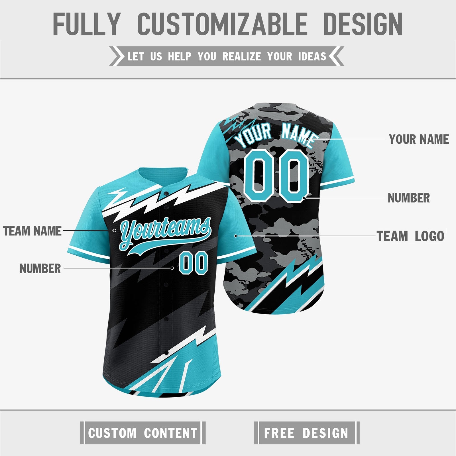 Custom Black Sky Blue Gray short sleeves Reversible Lightning Pattern Graffiti Graffiti Pattern Moisture-Wicking Baseball Jersey| KXKSHOP