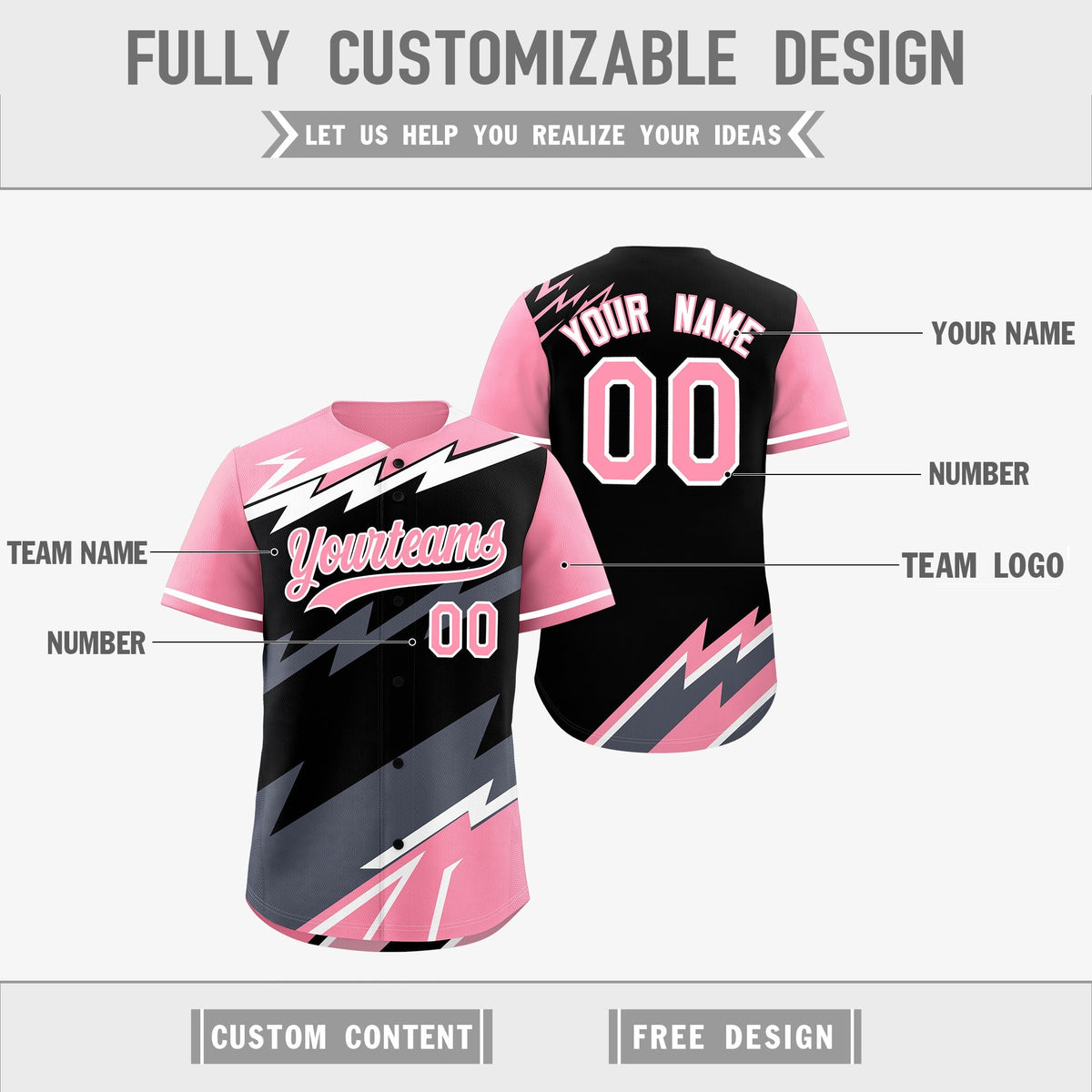 Custom Black Light Pink Gray short sleeves Reversible Lightning Pattern Graffiti Graffiti Pattern Breathable Baseball Jersey| KXKSHOP