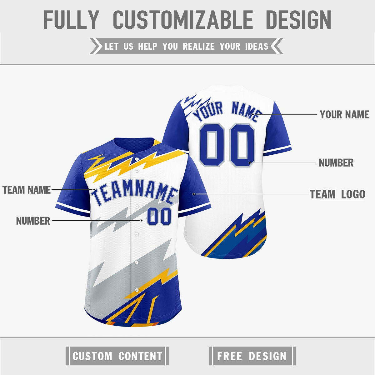Custom White Royal Blue Silver short sleeves Reversible Lightning Pattern Graffiti Graffiti Pattern Breathable Baseball Jersey| KXKSHOP