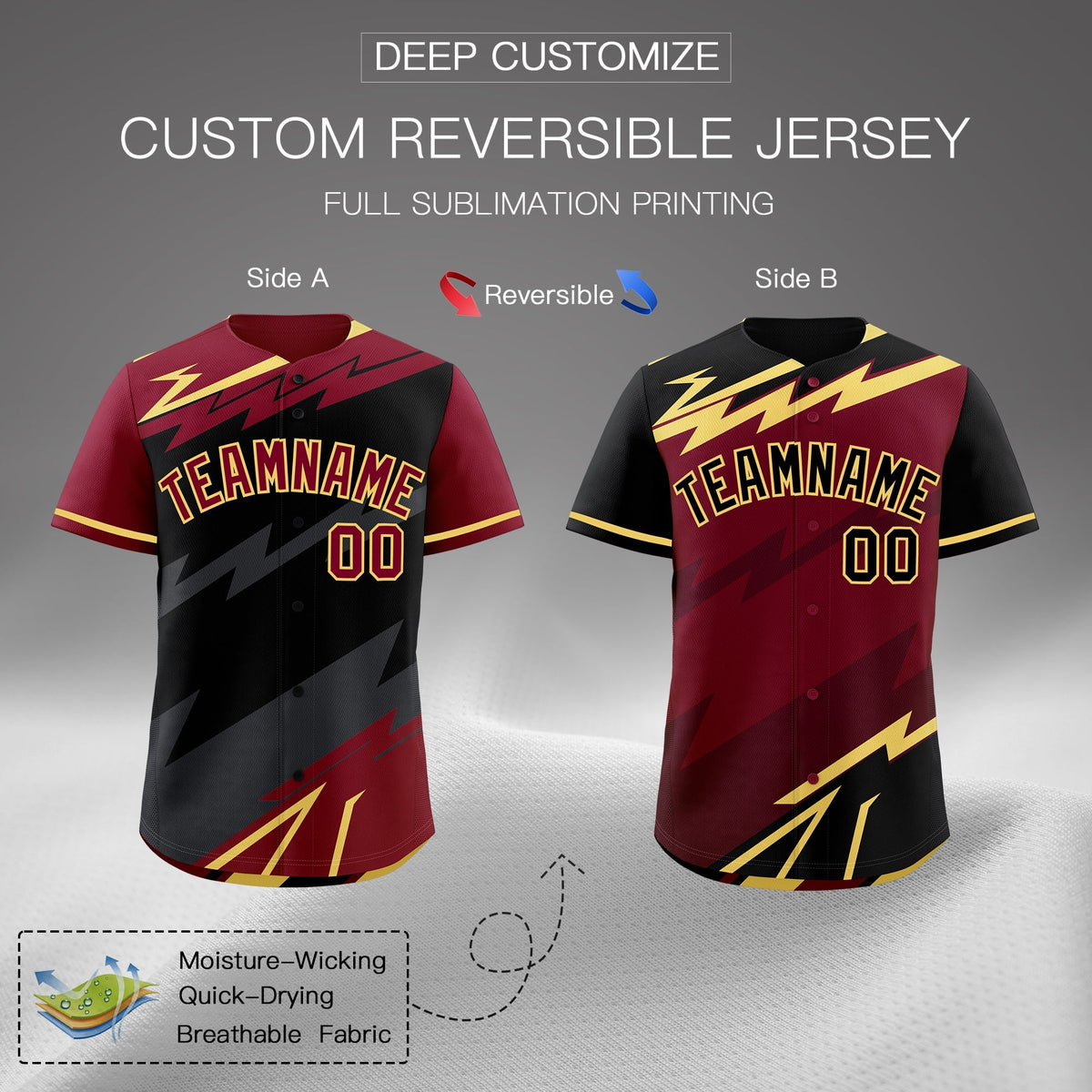 Custom Black Gray Crimson short sleeves Reversible Lightning Pattern Graffiti Graffiti Pattern Breathable Baseball Jersey| KXKSHOP