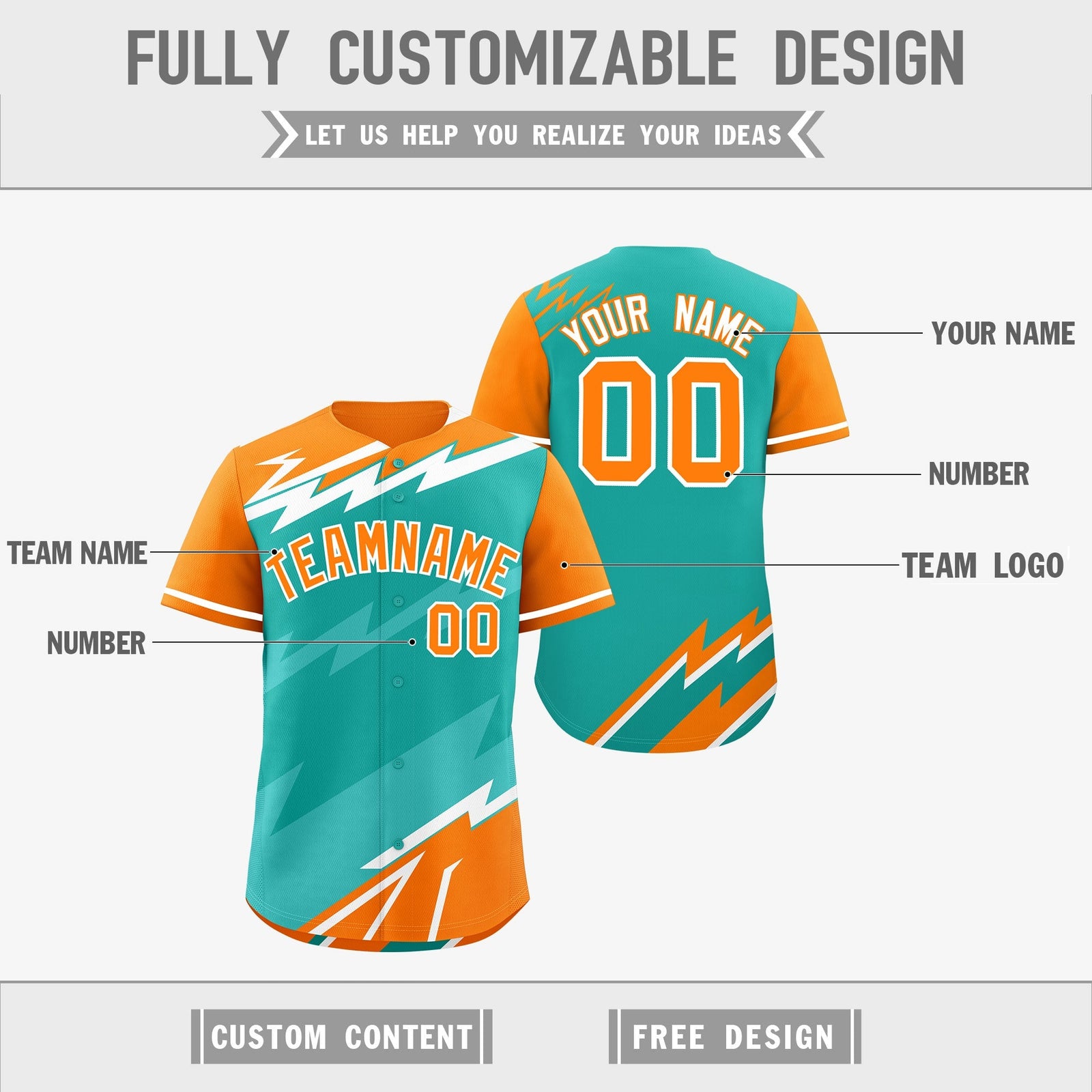 Custom Aqua Orange Teal short sleeves Reversible Lightning Pattern Graffiti Graffiti Pattern Lightweight Baseball Jersey| KXKSHOP