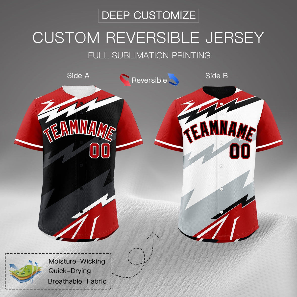 Custom Black White Red short sleeves Reversible Lightning Pattern Graffiti Graffiti Pattern Moisture-Wicking Baseball Jersey| KXKSHOP