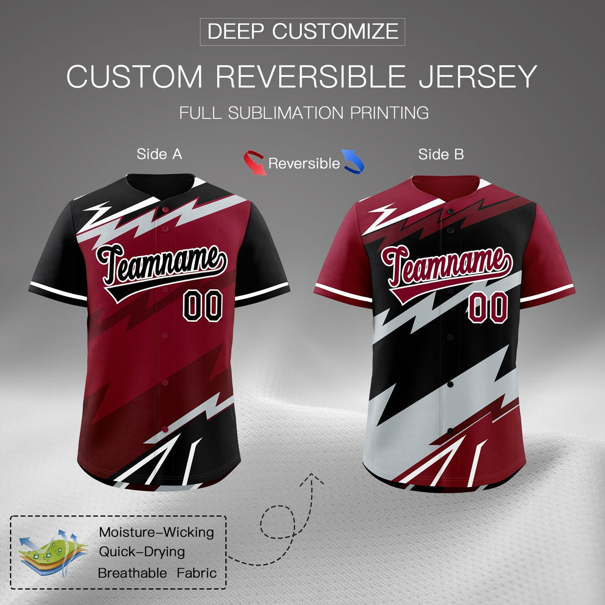 Custom Crimson Black Burgundy short sleeves Reversible Lightning Pattern Graffiti Graffiti Pattern Moisture-Wicking Baseball Jersey| KXKSHOP