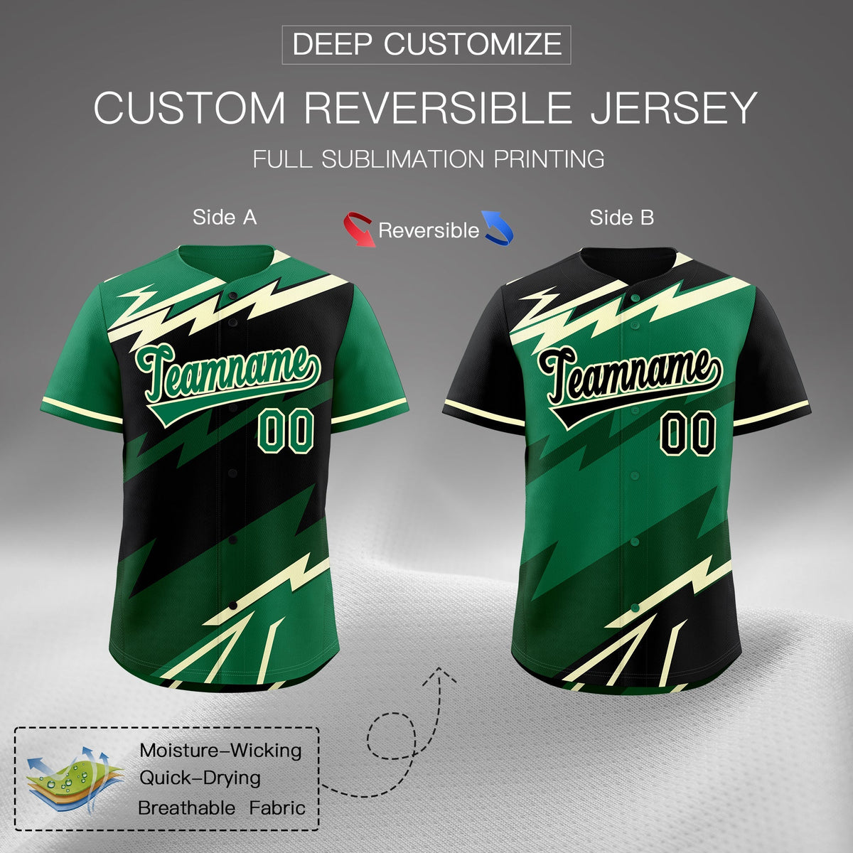 Custom Black Kelly Green Cream short sleeves Reversible Lightning Pattern Graffiti Graffiti Pattern Breathable Baseball Jersey| KXKSHOP