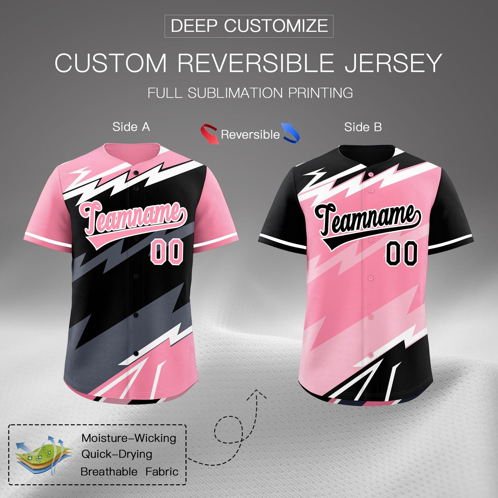 Custom Black Light Pink Gray short sleeves Reversible Lightning Pattern Graffiti Graffiti Pattern Breathable Baseball Jersey| KXKSHOP
