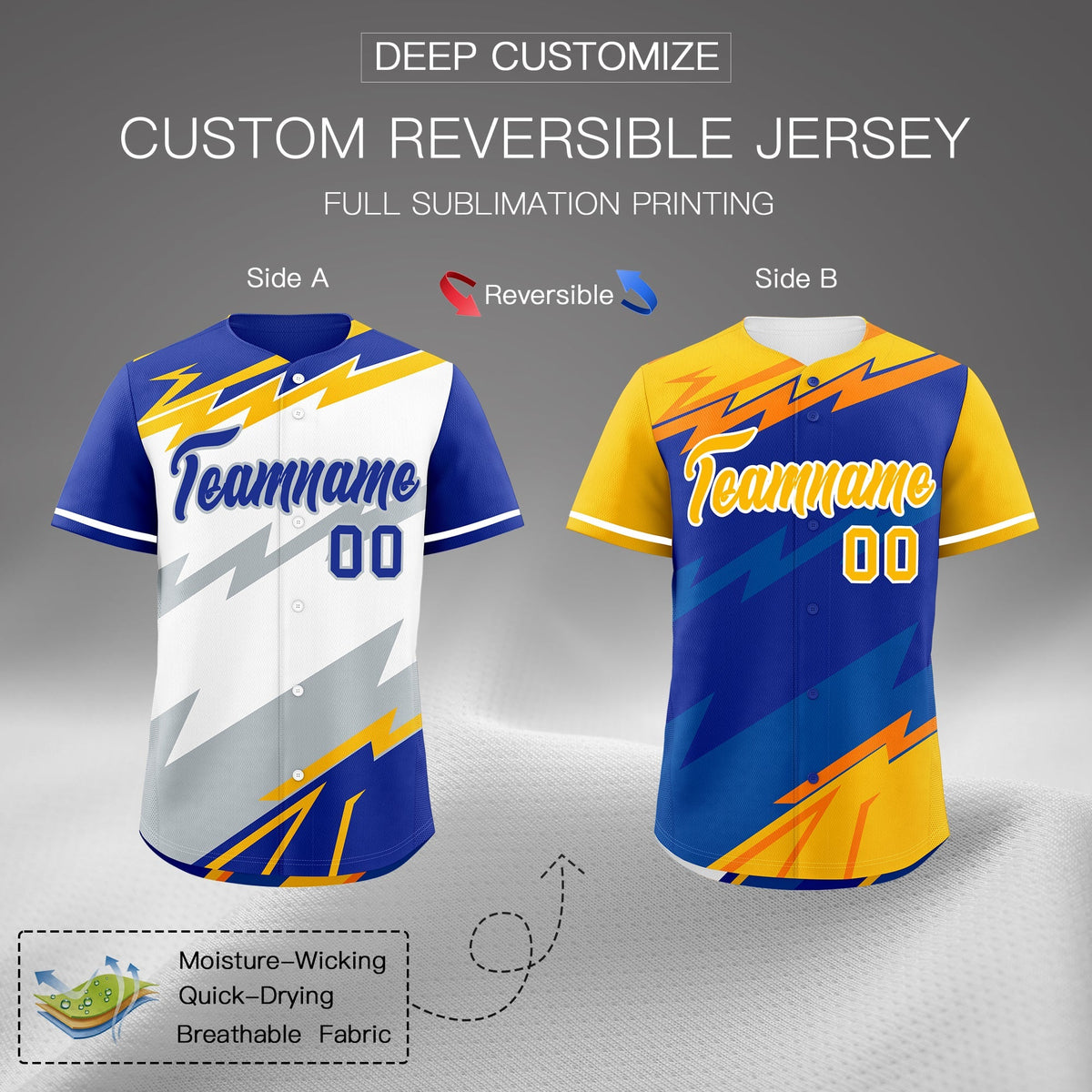 Custom White Royal Blue Silver short sleeves Reversible Lightning Pattern Graffiti Graffiti Pattern Breathable Baseball Jersey| KXKSHOP