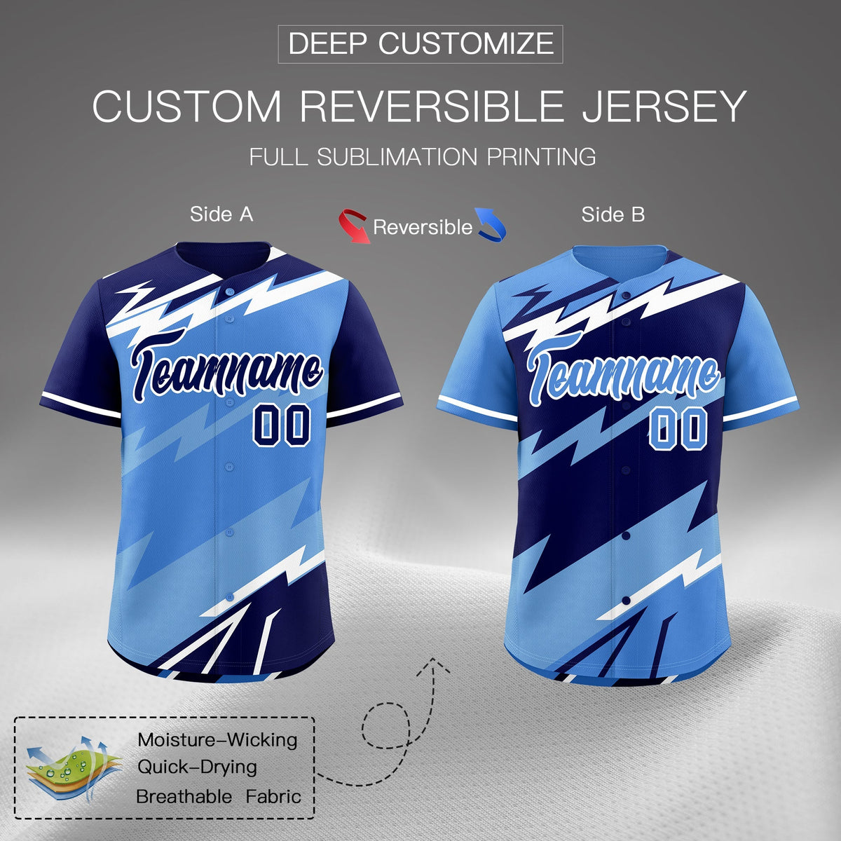 Custom Light Blue Powder Blue White short sleeves Reversible Lightning Pattern Graffiti Graffiti Pattern Lightweight Baseball Jersey| KXKSHOP