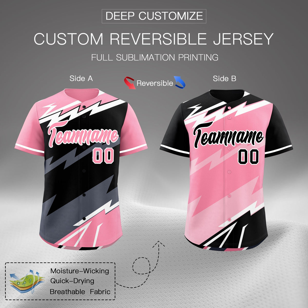Custom Black Light Pink Gray short sleeves Reversible Lightning Pattern Graffiti Graffiti Pattern Breathable Baseball Jersey| KXKSHOP