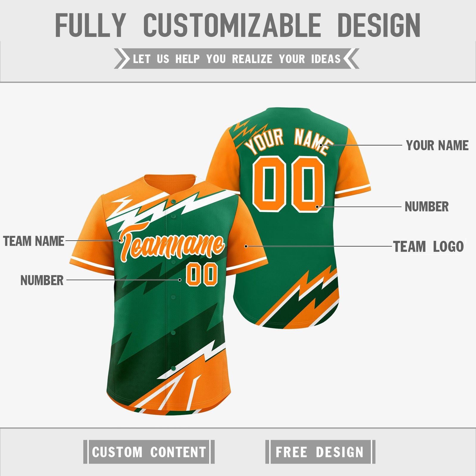 Custom Kelly Green Orange Dark Green short sleeves Reversible Lightning Pattern Graffiti Graffiti Pattern Breathable Baseball Jersey| KXKSHOP