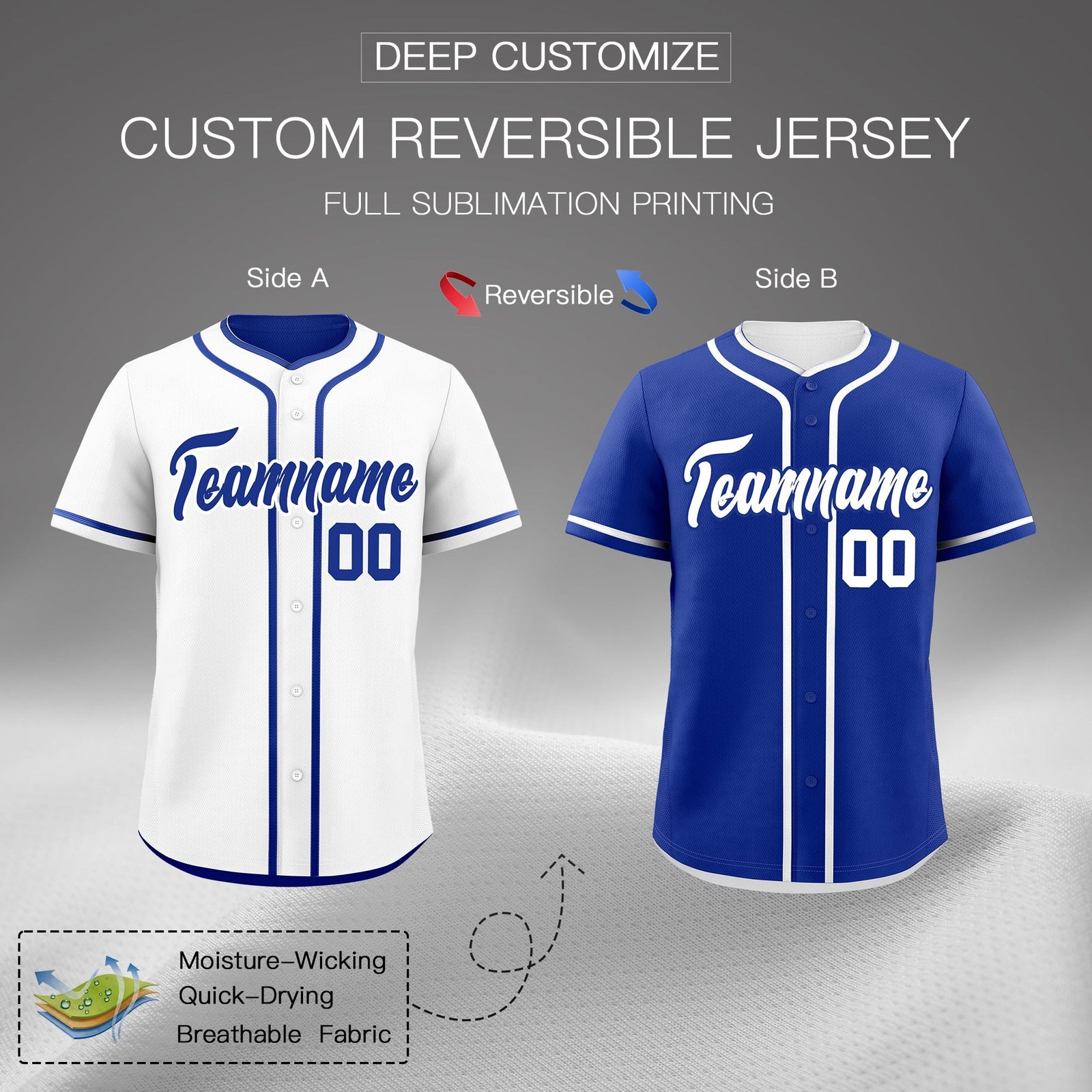 Custom Royal Blue Reversible Classic Style Moisture-Wicking Baseball Jersey| KXKSHOP