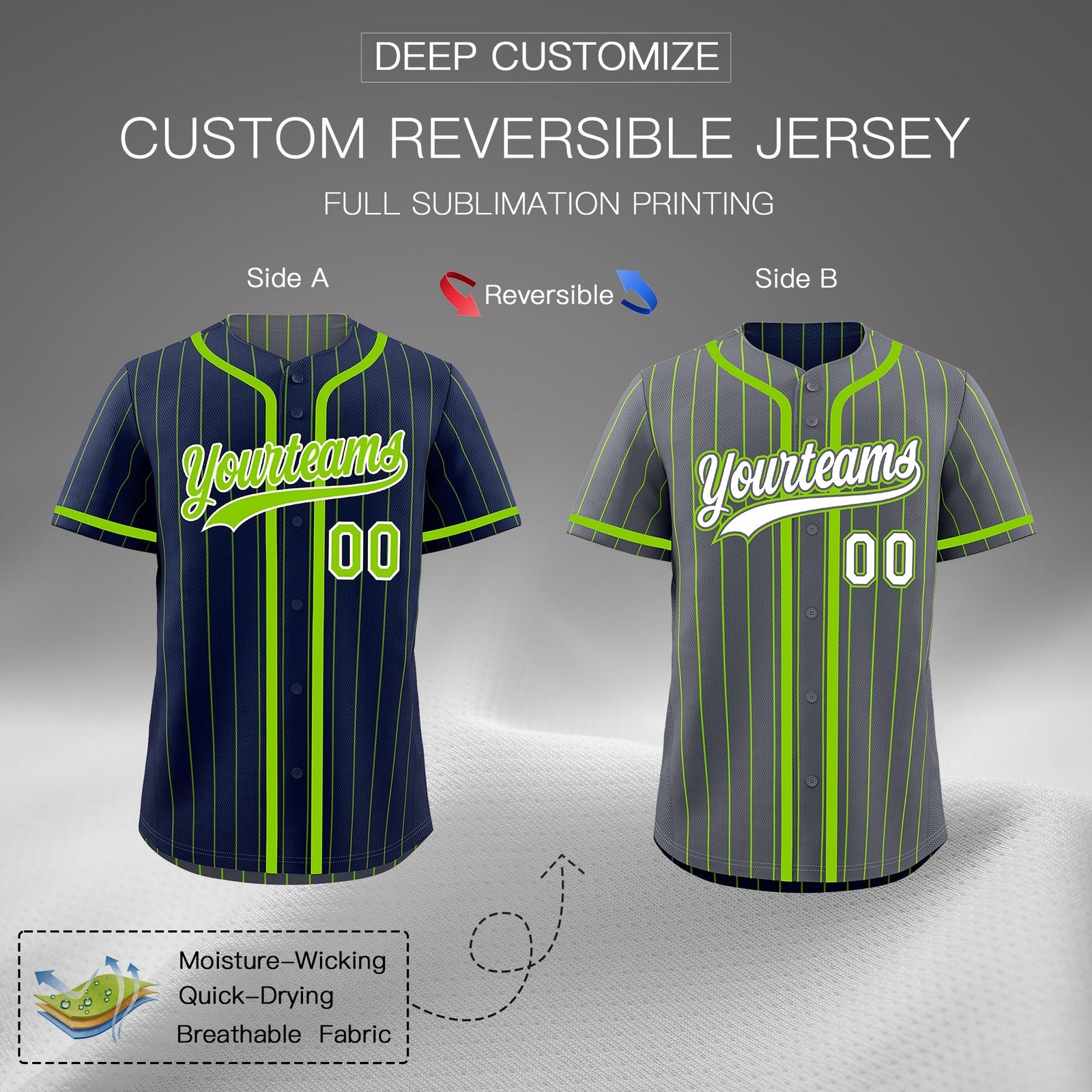 Custom Navy Neon Green Reversible Gradient Fashion Breathable Baseball Jersey| KXKSHOP