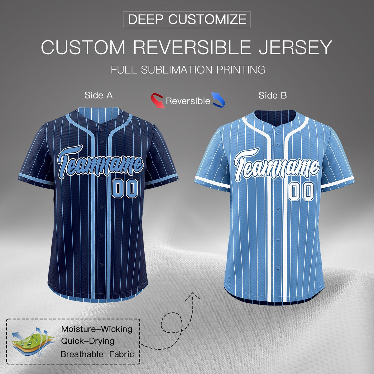 Custom Navy Light Blue Reversible Gradient Fashion Breathable Baseball Jersey| KXKSHOP