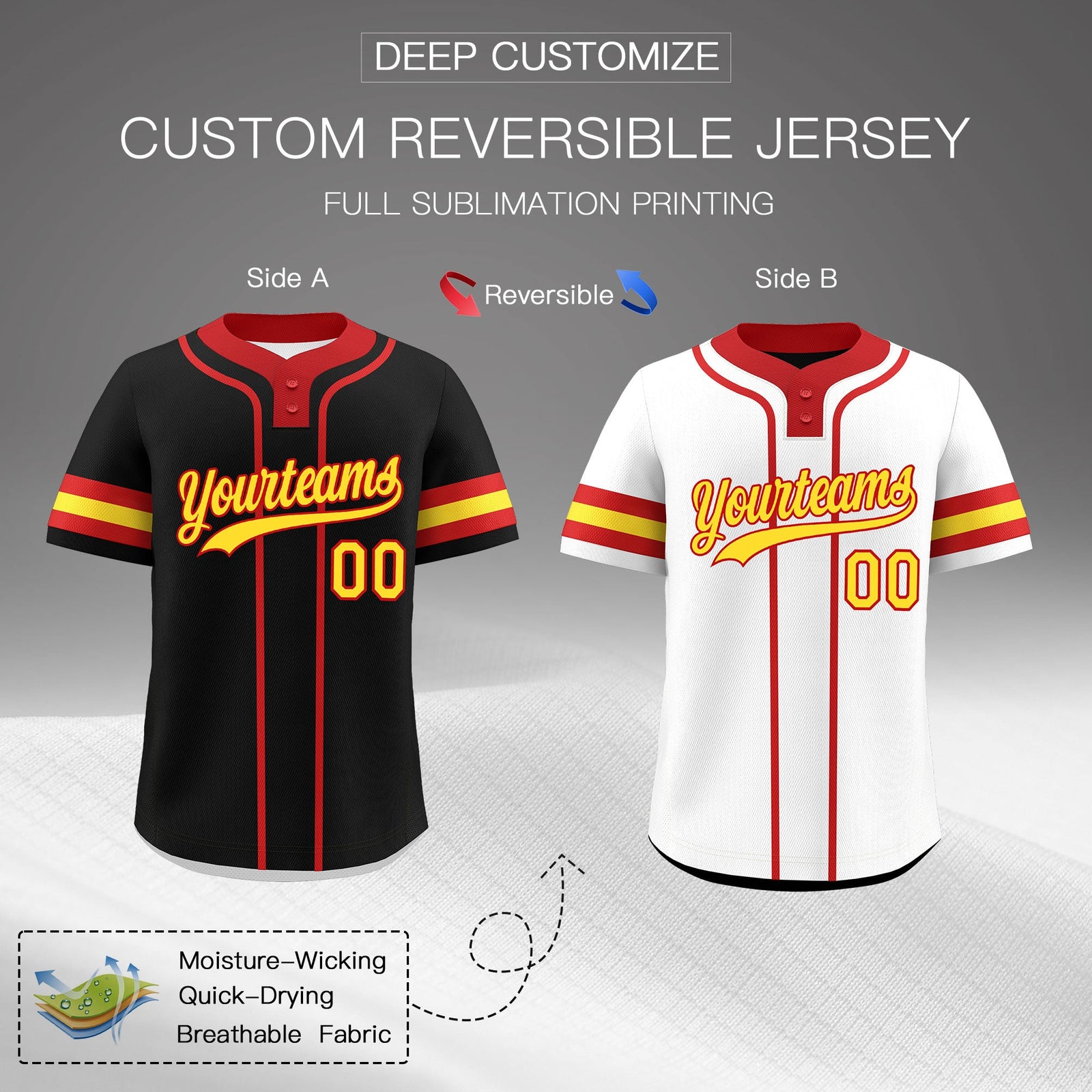 Custom Red Gold Reversible Classic Style Two-Button Baseball Jersey| KXKSHOP