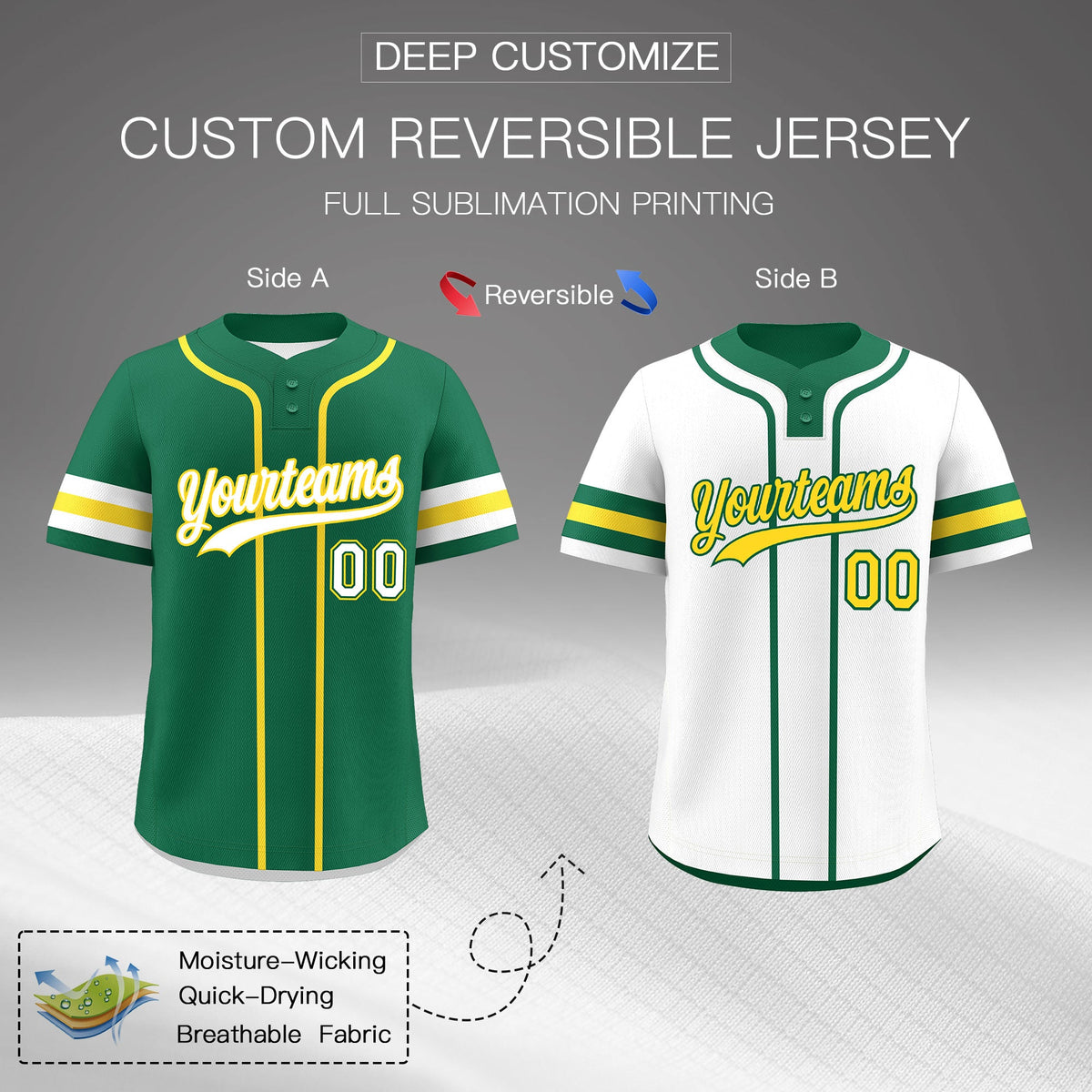 Custom White Gold Kelly Green Reversible Classic Style Two-Button Baseball Jersey| KXKSHOP