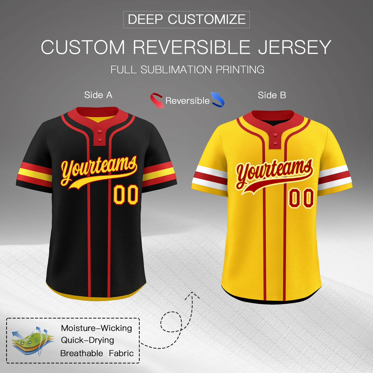 Custom Red Gold White Reversible Classic Style Two-Button Baseball Jersey| KXKSHOP
