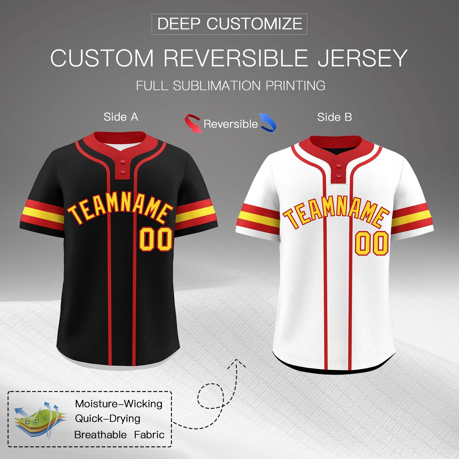Custom Red Gold Reversible Classic Style Two-Button Baseball Jersey| KXKSHOP