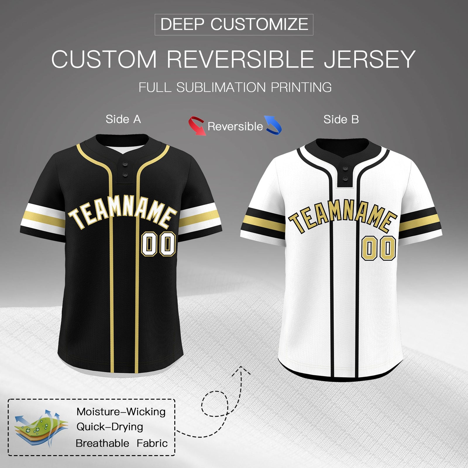 Custom White Old Gold Black Reversible Classic Style Two-Button Baseball Jersey| KXKSHOP