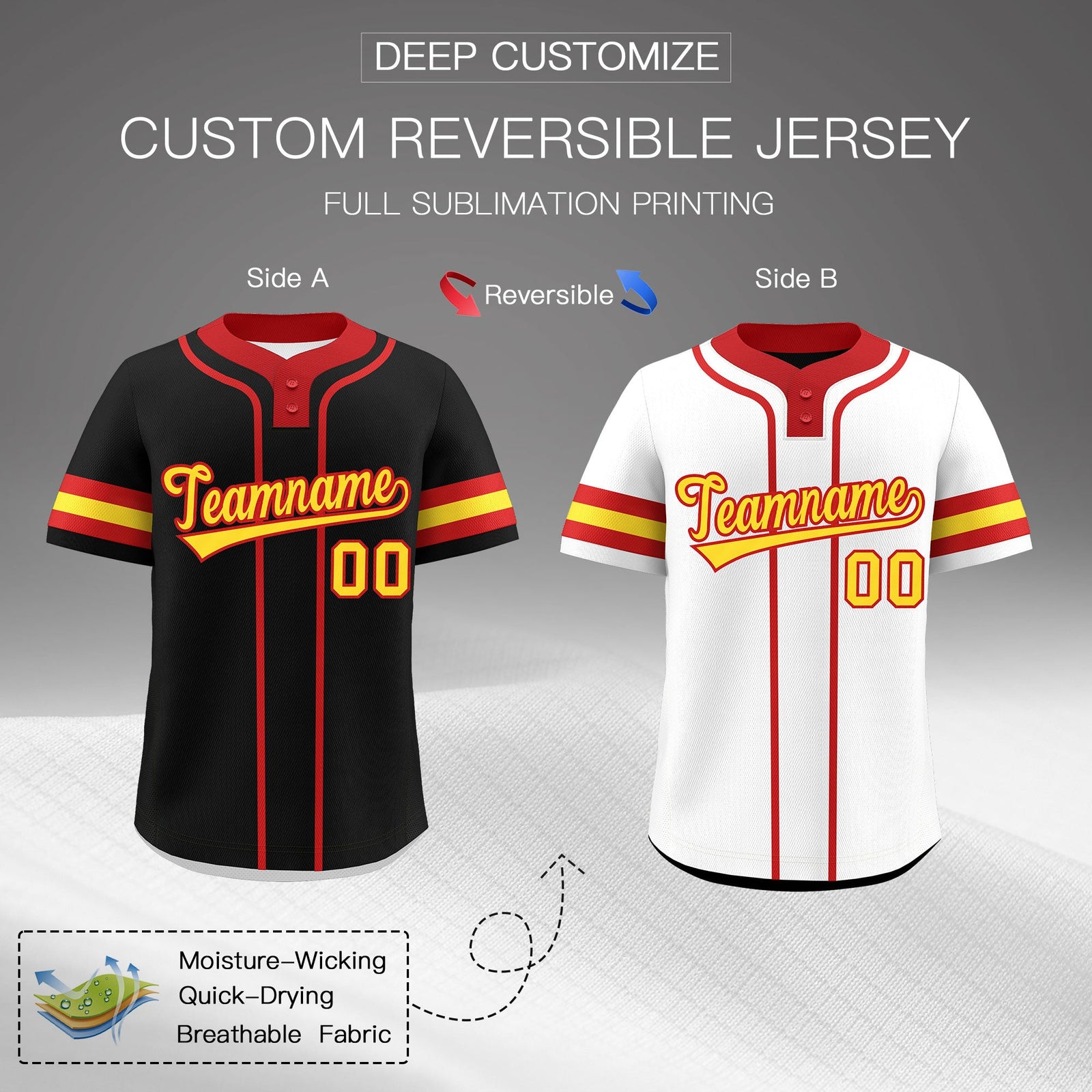 Custom Red Gold Reversible Classic Style Two-Button Baseball Jersey| KXKSHOP