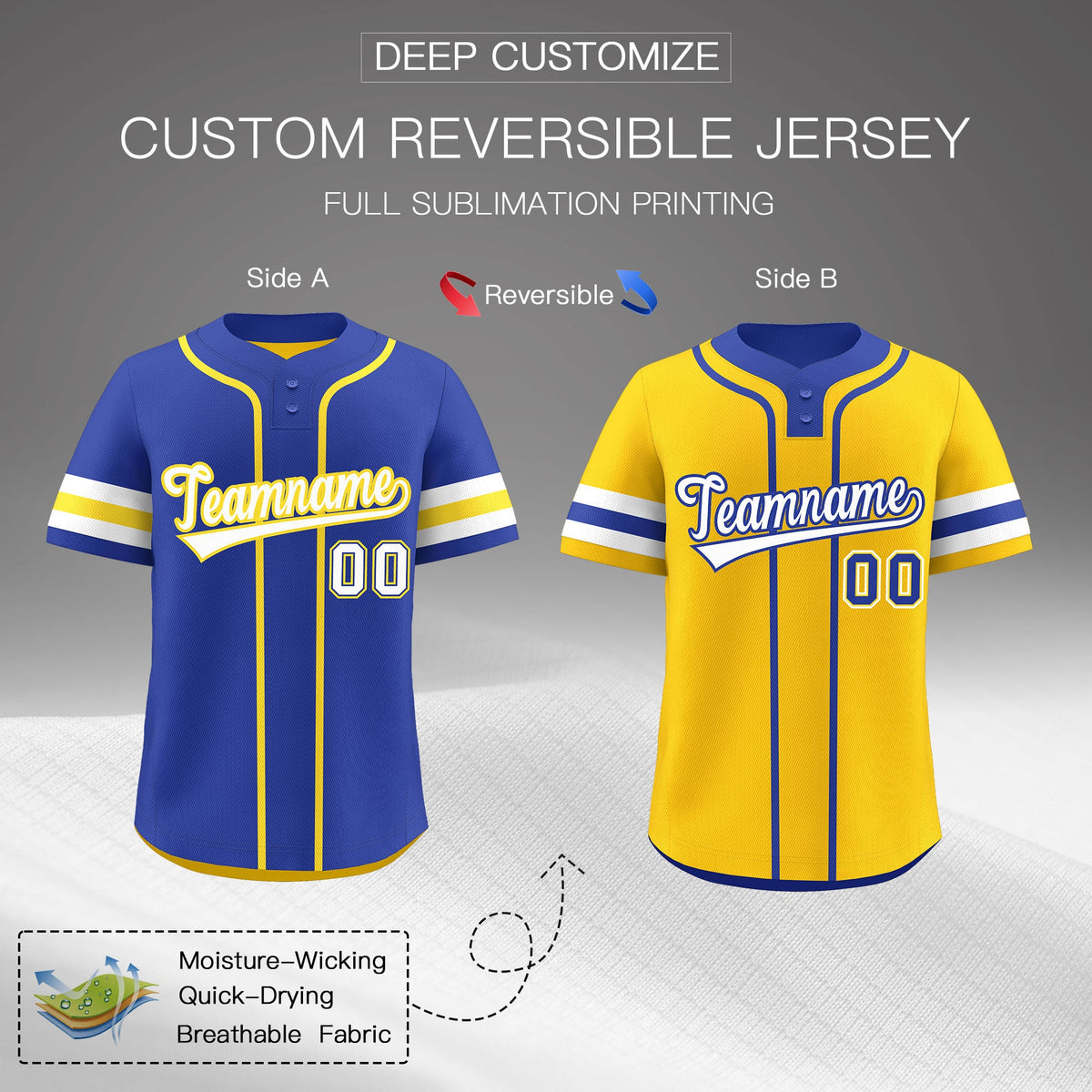 Custom White Gold Royal Blue Reversible Classic Style Two-Button Baseball Jersey| KXKSHOP