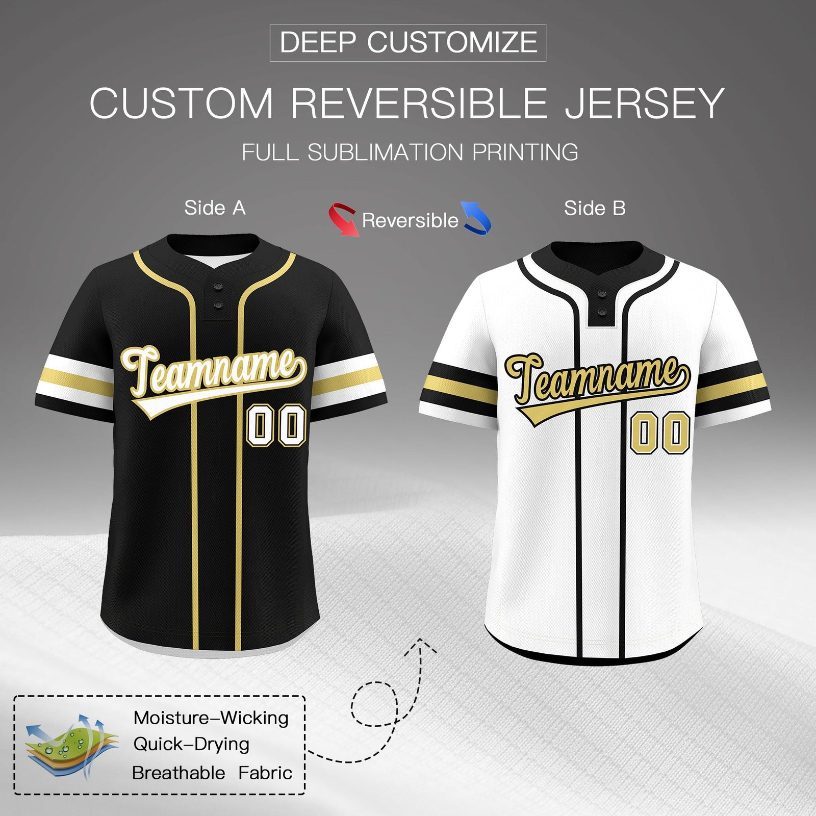 Custom White Old Gold Black Reversible Classic Style Two-Button Baseball Jersey| KXKSHOP