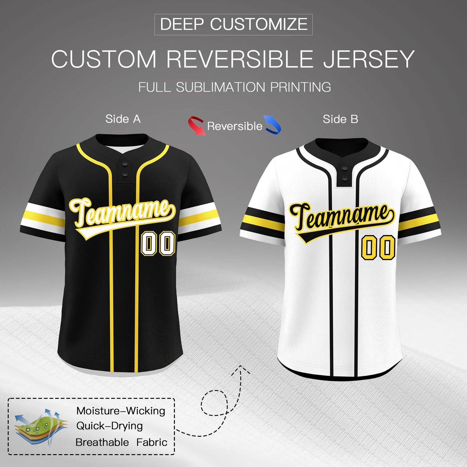 Custom White Gold Black Reversible Classic Style Two-Button Baseball Jersey| KXKSHOP