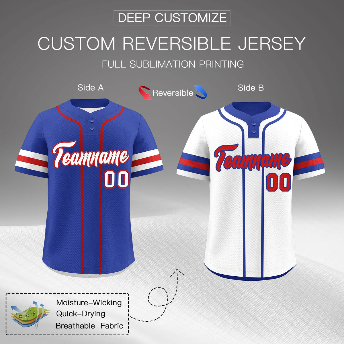 Custom White Red Royal Blue Reversible Classic Style Two-Button Baseball Jersey| KXKSHOP