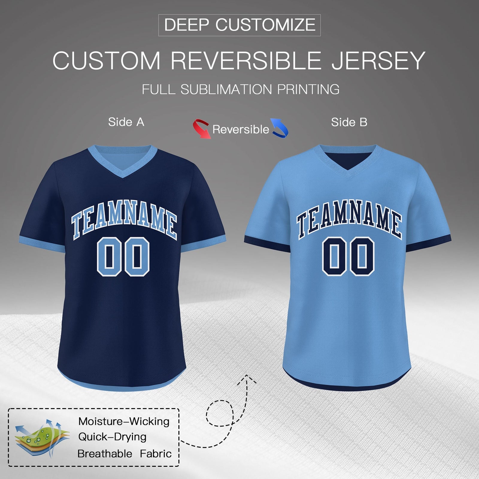 Custom Light Blue Navy Reversible Classic Style Lightweight Baseball Jersey| KXKSHOP