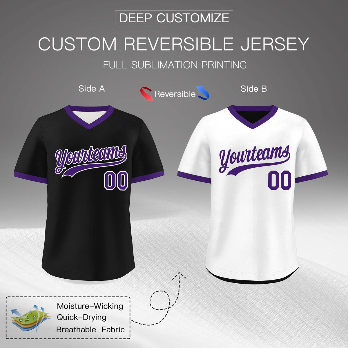 Custom White Black Purple Reversible Classic Style Quick Dry Baseball Jersey| KXKSHOP